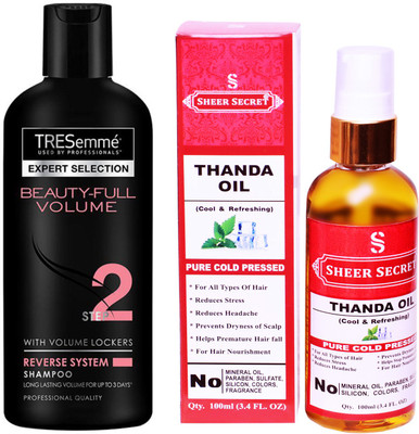 

SHEER SECRET THANDA OIL 100ML (PURE COLD PRESSED) and TRESEMME 190 ML BEAUTIFULL VOLUME SHAMPOO(Set of 2)