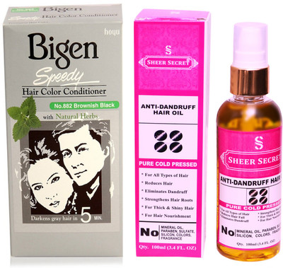 

SHEER SECRET ANTI DANDRUFF OIL 100 ML (PURE COLDPRESSED) and SPEEDY HAIR COLOUR BROWNISH BLACK NO. 882(Set of 2)