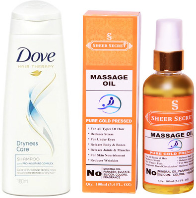 

SHEER SECRET MASSAGE OIL 100ML (PURE COLD PRESSED) and 180 ML DRYNESS CARE SHAMPOO(Set of 2)