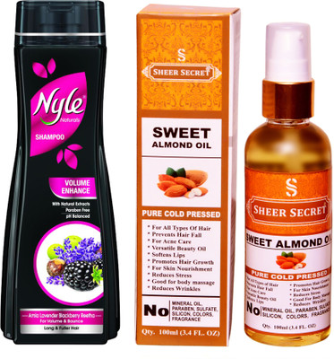 

SHEER SECRET SWEET ALMOND OIL 100ML (PURE COLD PRESSED) and NYLE 400 ML VOLUME ENHANCE SHAMPOO(Set of 2)