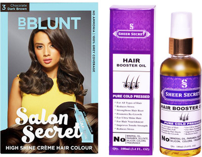 

SHEER SECRET HAIR BOOSTER OIL 100 ML (PURE COLDPRESSED) and HAIR COLOUR CHOCOLATE DARK BROWN NO. 3(Set of 2)