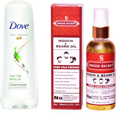 

SHEER SECRET MOOCH AND BEARD OIL 100ML (PURE COLD PRESSED) and DOVE 180 ML HAIRFALL RESCUE CONDITIONER(Set of 2)