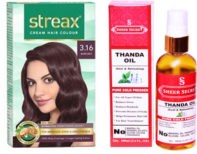 

SHEER SECRET THANDA OIL 100 ML (PURE COLDPRESSED) and STREAX COLOUR REGULAR BURGUNDY NO. 3.16(Set of 2)