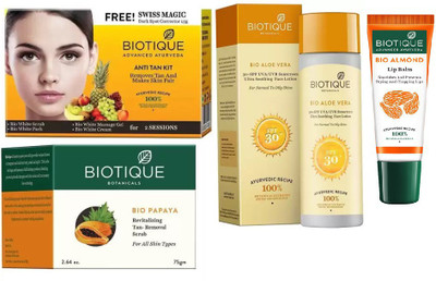 

BIOTIQUE BIO Anti Tan Facial Kit, Bio Papaya Revitalizing Tan Removal Scrub, Biotique Aloe Vera Ultra Soothing Face Lotion SPF 30 UVA/UVB Sunscreen, lip care(Set of 4)