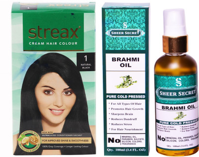 

SHEER SECRET BRAHMI OIL 100 ML (PURE COLDPRESSED) and STREAX COLOUR REGULAR NATURAL BLACK NO. 1(Set of 2)