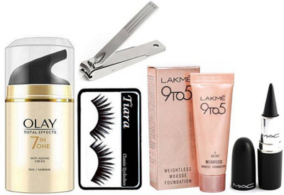 

tiara Eyelashes,Mac Stick kajal, Lakme Weightless Mousse Foudation,Olay Total Effects 7 in one Anti Agening Cream, nail Clipper(Set of 5)