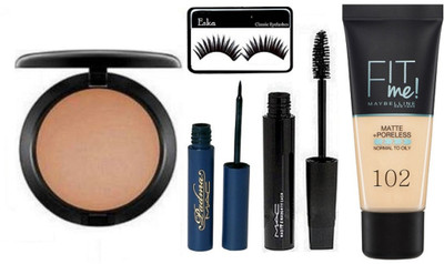 

eska Eyelashes,Mac Studio Fix Compact,Mac Padma Eyeliner,Waterprof Mascara & Maybelline Fit Me Foundation(Set of 5)