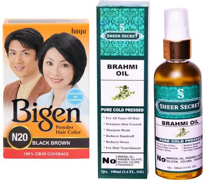 

SHEER SECRET BRAHMI OIL 100 ML (PURE COLDPRESSED) and HAIR COLOUR BLACK BROWN N20(Set of 2)