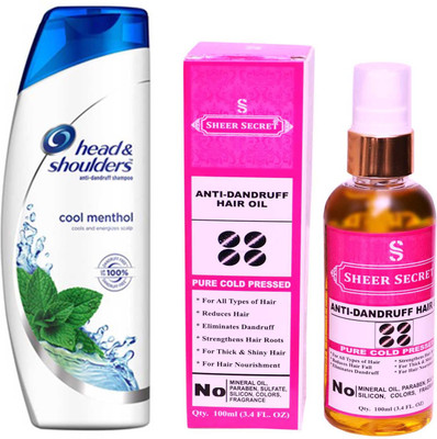 

SHEER SECRET ANTI DANDRUFF OIL 100ML (PURE COLD PRESSED) and HEAD & SHOULDERS 360 ML COOL MENTHOL SHAMPOO(Set of 2)