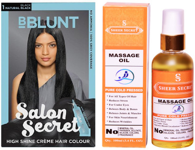 

SHEER SECRET MASSAGE OIL 100 ML (PURE COLDPRESSED) and SALON SECRET HAIR COLOUR NATURAL BLACK NO. 1(Set of 2)