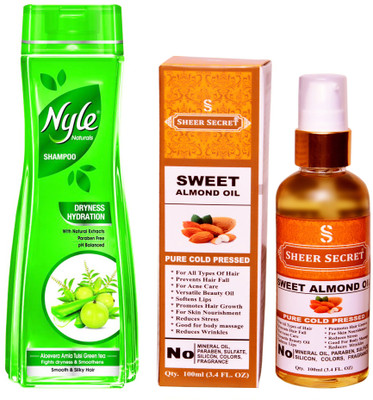 

SHEER SECRET SWEET ALMOND OIL 100ML (PURE COLD PRESSED) and NYLE 400 ML DRYNESS HYDRATION SHAMPOO(Set of 2)