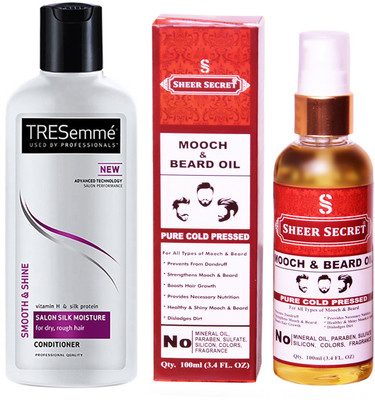 

SHEER SECRET MOOCH AND BEARD OIL 100ML (PURE COLD PRESSED) and TRESEMME 190 ML SALON SILK MOISTURE CONDITIONER(Set of 2)
