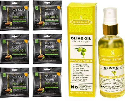 

SHEER SECRET OLIVE OIL 100 ML (PURE COLDPRESSED) and HAIR COLOUR 6 SACHET DEEP BLACK NO. 1(Set of 2)
