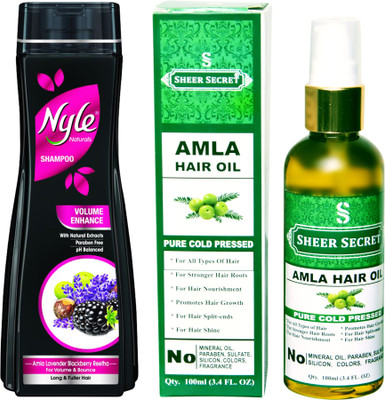 

SHEER SECRET AMLA HAIR OIL 100ML (PURE COLD PRESSED) and NYLE 400 ML VOLUME ENHANCE SHAMPOO(Set of 2)