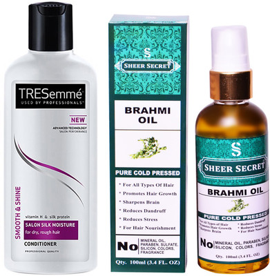 

SHEER SECRET BRAHMI OIL 100ML (PURE COLD PRESSED) and TRESEMME 190 ML SALON SILK MOISTURE CONDITIONER(Set of 2)