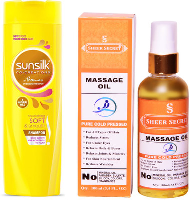 

SHEER SECRET MASSAGE OIL 100ML (PURE COLD PRESSED) and SUNSILK 180 ML NOURISHING SOFT AND SMOOTH SHAMPOO(Set of 2)