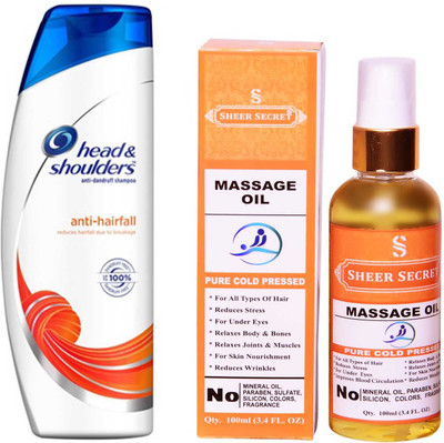 

SHEER SECRET MASSAGE OIL 100ML (PURE COLD PRESSED) and HEAD & SHOULDERS 360 ML ANTI HAIRFALL SHAMPOO(Set of 2)
