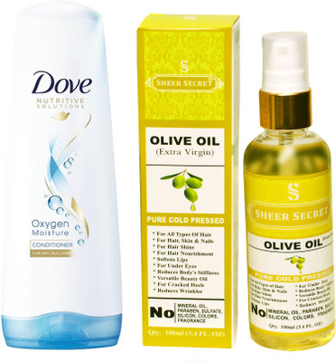 

SHEER SECRET OLIVE OIL 100ML (PURE COLD PRESSED) and DOVE 180 ML OXYGEN MOISTURE CONDITIONER(Set of 2)