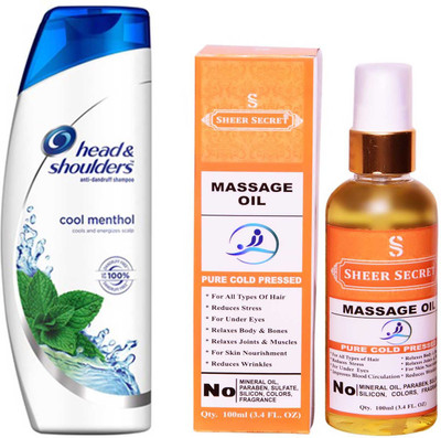 

SHEER SECRET MASSAGE OIL 100ML (PURE COLD PRESSED) and HEAD & SHOULDERS 360 ML COOL MENTHOL SHAMPOO(Set of 2)