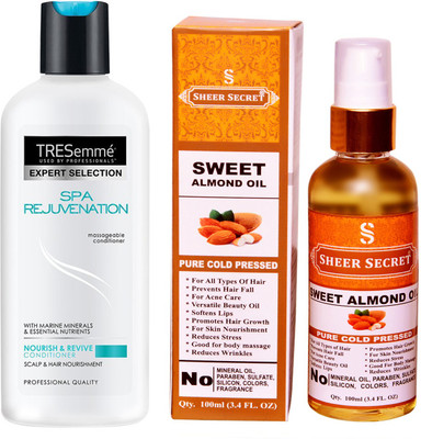 

SHEER SECRET SWEET ALMOND OIL 100ML (PURE COLD PRESSED) and TRESEMME 190 ML SPA REJUVENATION CONDITIONER(Set of 2)