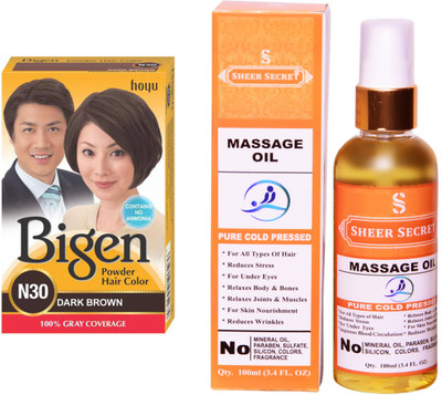

SHEER SECRET MASSAGE OIL 100 ML (PURE COLDPRESSED) and HAIR COLOUR DARK BROWN N30(Set of 2)