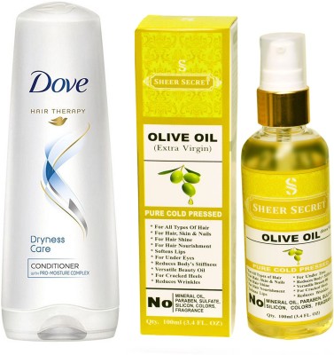 

SHEER SECRET OLIVE OIL 100ML (PURE COLD PRESSED) and DOVE 180 ML DRYNESS CARE CONDITIONER(Set of 2)