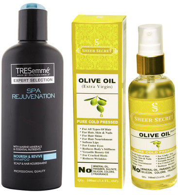 

SHEER SECRET OLIVE OIL 100ML (PURE COLD PRESSED) and TRESEMME 200 ML SPA REJUVENATION SHAMPOO(Set of 2)