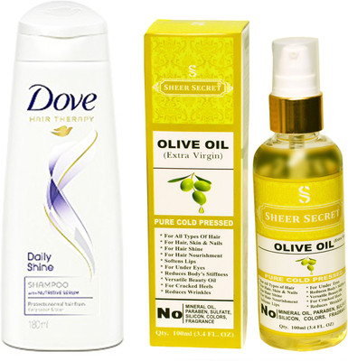 

SHEER SECRET OLIVE OIL 100ML (PURE COLD PRESSED) and DOVE 180 ML DAILY SHINE SHAMPOO(Set of 2)