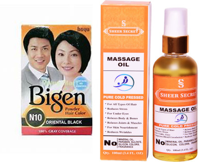 

SHEER SECRET MASSAGE OIL 100 ML (PURE COLDPRESSED) and HAIR COLOUR ORIENTAL BLACK N10(Set of 2)
