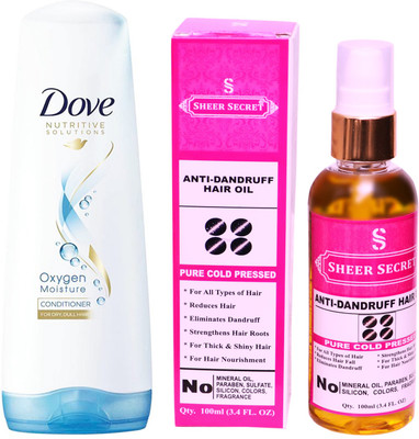 

SHEER SECRET ANTI DANDRUFF OIL 100ML (PURE COLD PRESSED) and DOVE 180 ML OXYGEN MOISTURE CONDITIONER(Set of 2)