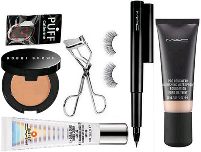

catherine silicon puff, Mac pro long wear foundation, tinted cream, pen eyeliner, bobbi brown corrector concealer, eyelashes with eyelashes curler(Set of 7)