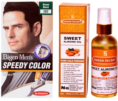 

SHEER SECRET SWEET ALMOND OIL 100 ML (PURE COLDPRESSED) and SPEEDY HAIR COLOUR BROWN BLACK NO. 102(Set of 2)