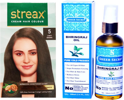 

SHEER SECRET BHRINGRAJ OIL 100 ML (PURE COLDPRESSED) and STREAX COLOUR REGULAR LIGHT BROWN NO. 5(Set of 2)
