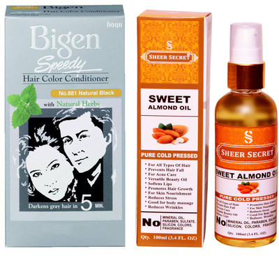 

SHEER SECRET SWEET ALMOND OIL 100 ML (PURE COLDPRESSED) and SPEEDY HAIR COLOUR NATURAL BLACK NO. 881(Set of 2)