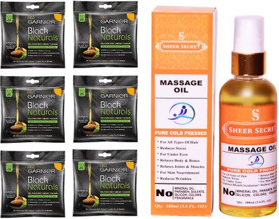 

SHEER SECRET MASSAGE OIL 100 ML (PURE COLDPRESSED) and HAIR COLOUR 6 SACHET DEEP BLACK NO. 1(Set of 2)