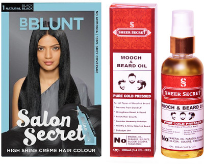 

SHEER SECRET MOOCH AND BEARD OIL 100 ML (PURE COLDPRESSED) and SALON SECRET HAIR COLOUR NATURAL BLACK NO. 1(Set of 2)