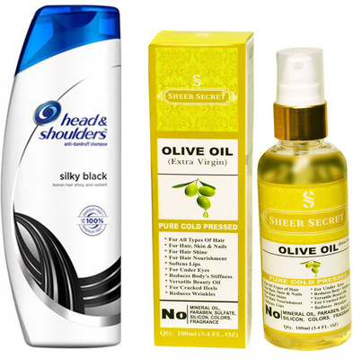 

SHEER SECRET OLIVE OIL 100ML (PURE COLD PRESSED) and HEAD & SHOULDERS 360 ML SILKY BLACK SHAMPOO(Set of 2)