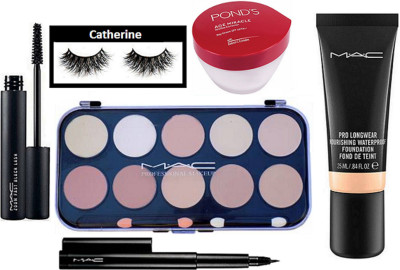 

catherine eyelashes, Mac 10 shade concealer palette, pen eyeliner and zoom lash mascara, Pro long wear foundation, ponds age miracle wrinkle corrector day cream(Set of 6)