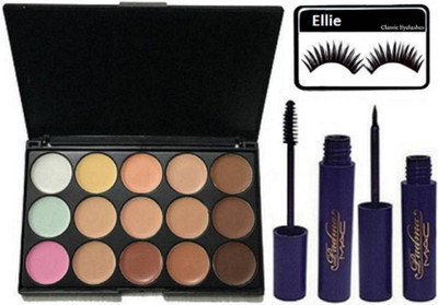 

ellie Eyelashes,Mac 15 Shades Concealer Palette,Padma Liquid Eyeliner,Mascara(Set of 4)(Set of 4)