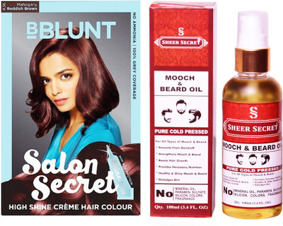 

SHEER SECRET MOOCH AND BEARD OIL 100 ML (PURE COLDPRESSED) and SALON SECRET HAIR COLOUR MAHOGANY REDDISH BROWN NO. 5.32(Set of 2)