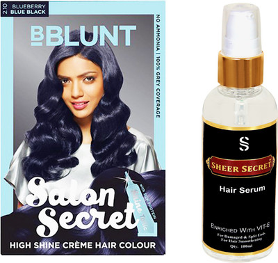 

SHEER SECRET HAIR SERUM 100 ML (PURE COLDPRESSED) and SALON SECRET HAIR COLOUR BLUEBERRY BLUE BLACK NO. 2.10(Set of 2)