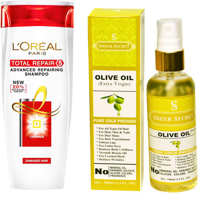 

SHEER SECRET OLIVE OIL 100 ML (PURE COLDPRESSED) and TOTAL REPAIR 5 SHAMPOO 175ML(Set of 2)