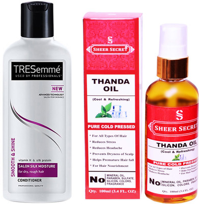 

SHEER SECRET THANDA OIL 100ML (PURE COLD PRESSED) and TRESEMME 190 ML SALON SILK MOISTURE CONDITIONER(Set of 2)
