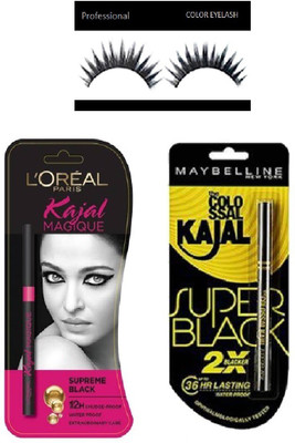 

Professional Eyelashes & Super Black Kajal& Supreme Black - New Pack - 12 H Smudge-proof (Set of 2)(Set of 3)