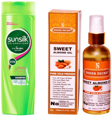 

SHEER SECRET SWEET ALMOND OIL 100ML (PURE COLD PRESSED) and SUNSILK 180 ML LONG AND HEALTHY GROWTH SHAMPOO(Set of 2)