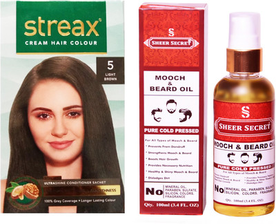 

SHEER SECRET MOOCH AND BEARD OIL 100 ML (PURE COLDPRESSED) and STREAX COLOUR REGULAR LIGHT BROWN NO. 5(Set of 2)