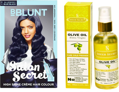 

SHEER SECRET OLIVE OIL 100 ML (PURE COLDPRESSED) and HAIR COLOUR BLUEBERRY BLUE BLACK NO. 2.10(Set of 2)