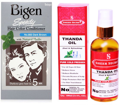 

SHEER SECRET THANDA OIL 100 ML (PURE COLDPRESSED) and SPEEDY HAIR COLOUR DARK BROWN NO. 883(Set of 2)