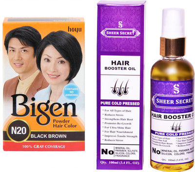 

SHEER SECRET HAIR BOOSTER OIL 100 ML (PURE COLDPRESSED) and HAIR COLOUR BLACK BROWN N20(Set of 2)