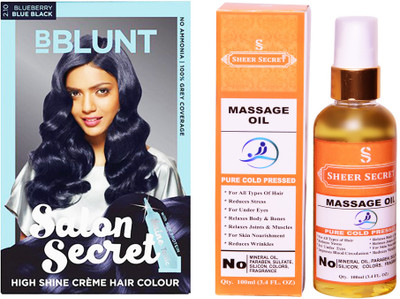 

SHEER SECRET MASSAGE OIL 100 ML (PURE COLDPRESSED) and SALON SECRET HAIR COLOUR BLUEBERRY BLUE BLACK NO. 2.10(Set of 2)